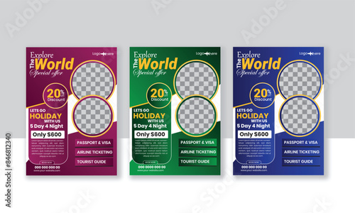 Travel Vacation Tour Agency Flyer Template Design. set of travel flyer template with abstract background style and modern layout use for promotion ads and travelling poster