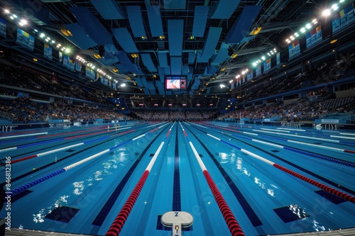 A swimming pool with a crowd of people watching