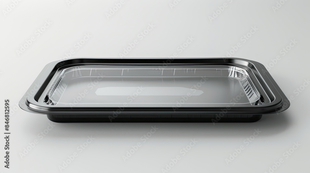 A mockup of black a plastic food packaging tray with a clear plastic cover. Packaging template mockup A mockup of black a plastic food packaging tray with a clear plastic cover. Packaging template mockup