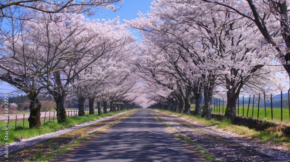 Cherry blossom trees lining the road beneath a clear blue sky Cherry blossom trees lining the road beneath a clear blue sky