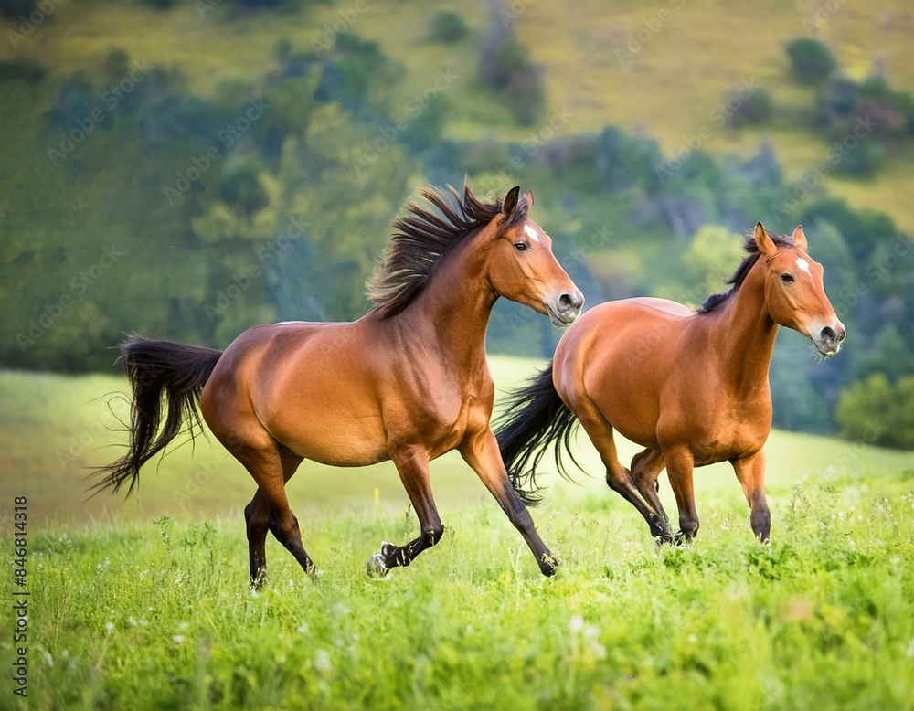 two horses in the meadow, Brown horses in motion two majestic brown horses in a meadow, their muscles rippling as they run, with the lush green field blurred in the background two horses in the meadow, Brown horses in motion two majestic brown horses in a meadow, their muscles rippling as they run, with the lush green field blurred in the background