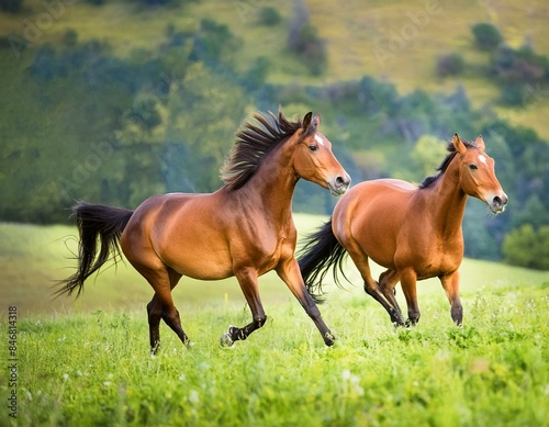 two horses in the meadow, Brown horses in motion two majestic brown horses in a meadow, their muscles rippling as they run, with the lush green field blurred in the background