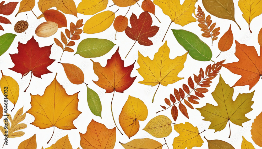 Obraz premium Close-up collection of vibrant autumn leaves in various shades of yellow, orange, and red, isolated on a white background with focus stacking and clipping path for a beautiful seasonal display
