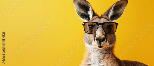 A kangaroo wearing sunglasses on a yellow background photo