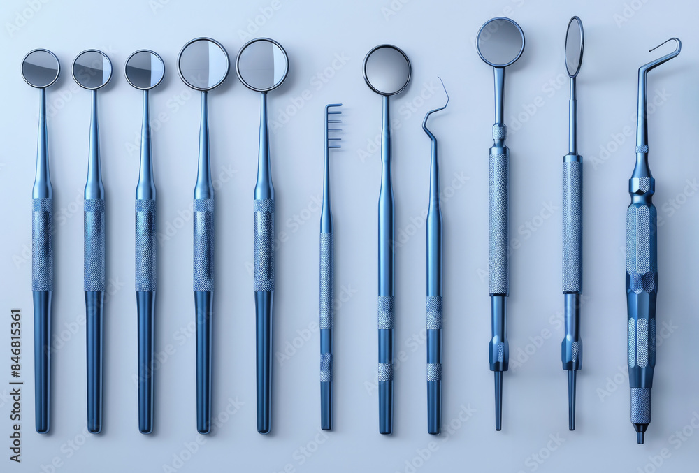 A set of dental tools including a mirror, explorer, scaler, probe, and more. A set of dental tools including a mirror, explorer, scaler, probe, and more.