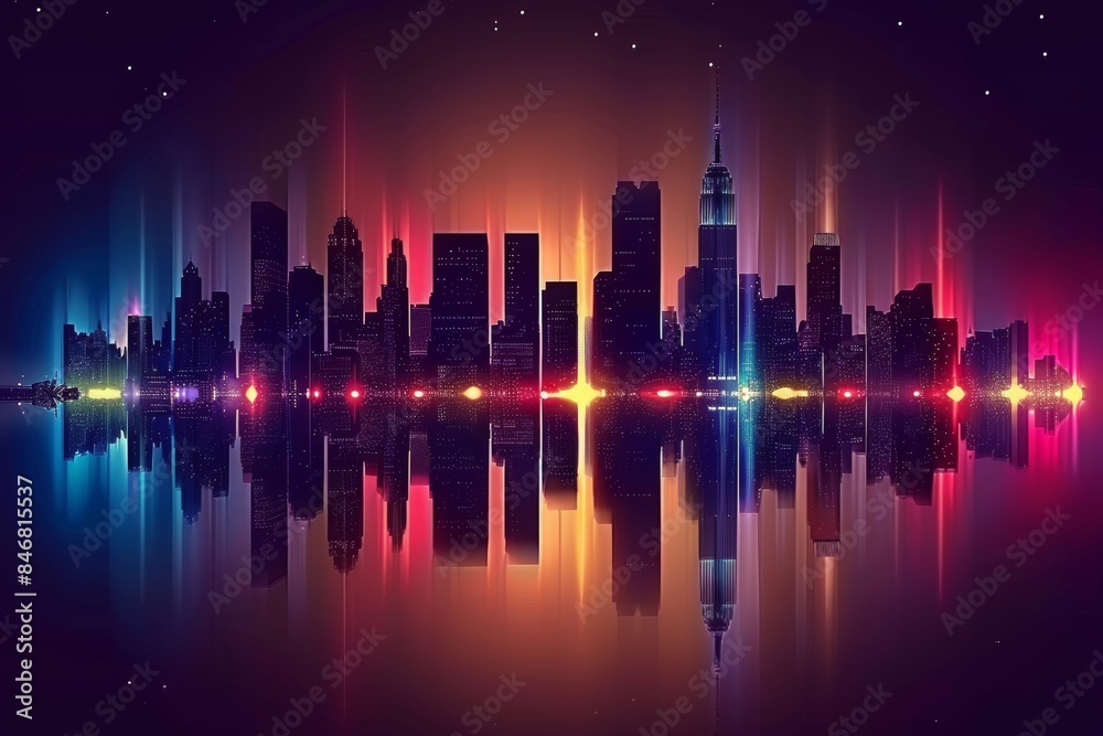 Futuristic city skyline transparent skyscrapers reflect neon lights in vibrant urban landscape Futuristic city skyline transparent skyscrapers reflect neon lights in vibrant urban landscape