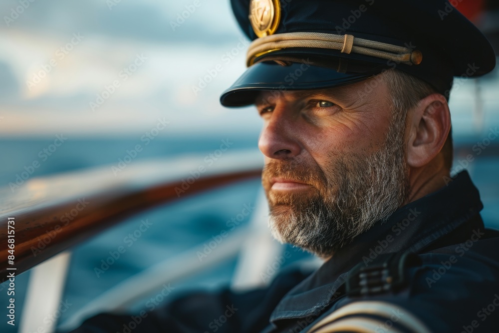A bearded man in a blue uniform with a white hat is standing on a ship looking out at the ocean. A bearded man in a blue uniform with a white hat is standing on a ship looking out at the ocean.