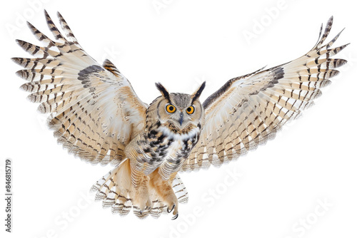An owl in flight, wings spread wide, isolated on a white background