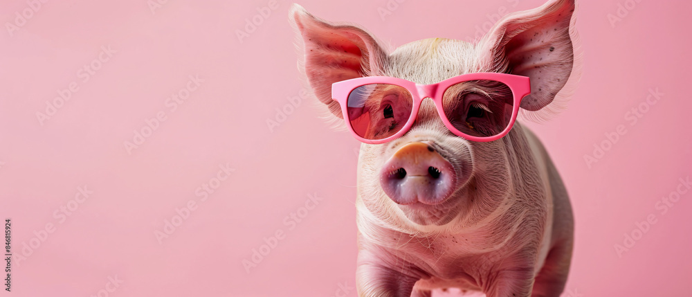 Fototapeta premium Pink plastic sunglasses wearing pig on pink background