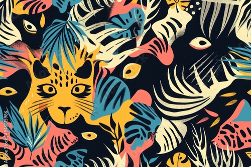 Vibrant seamless pattern featuring leopards and tropical foliage on a dark background