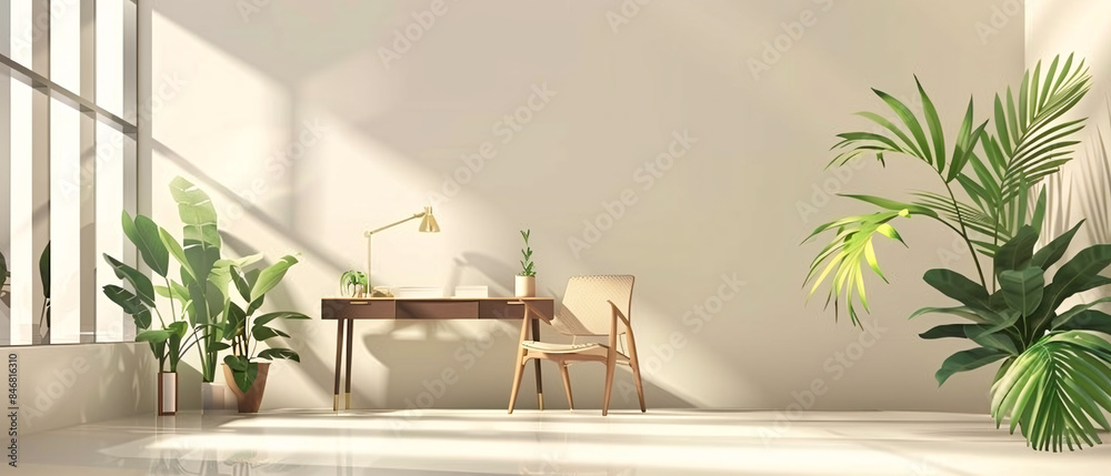 Stylish home office with large windows and tropical plants Stylish home office with large windows and tropical plants