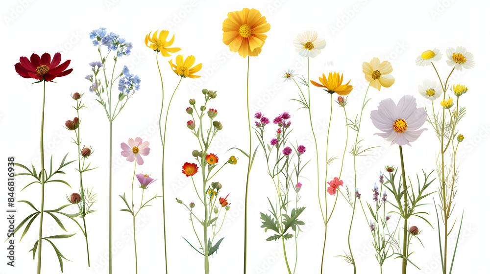 many different meadow flowers isolated on white, set isolated on white background, realistic, png