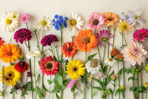 Bright summer flowers gently arranged on a cream background