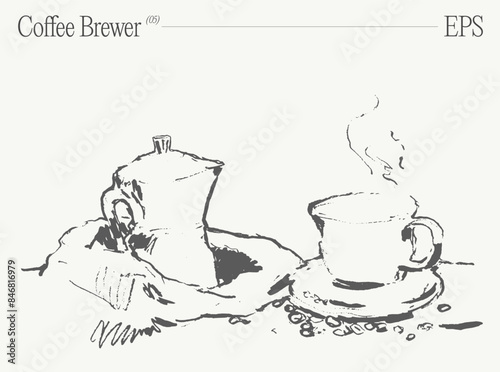 Coffee brewer and two cups in artistic style. Hand drawn vector illustration, sketch.