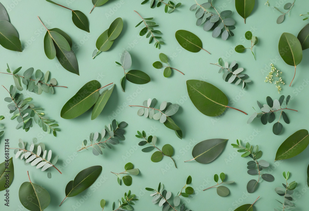 Eucalyptus foliage on a fresh green background, top view for natural beauty and wellness care Eucalyptus foliage on a fresh green background, top view for natural beauty and wellness care