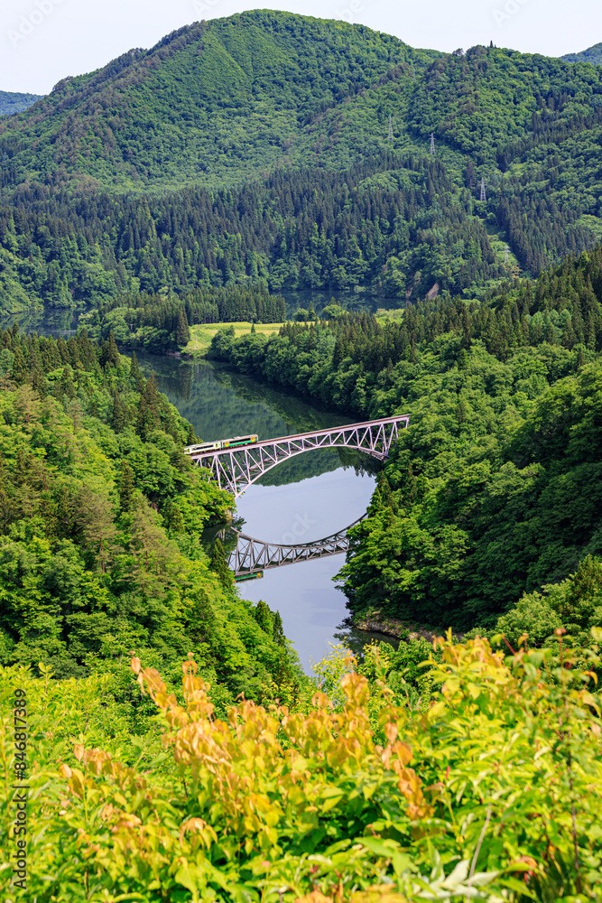 Train Crossing First Tadami Bridge in Fukushima Japan Train Crossing First Tadami Bridge in Fukushima Japan