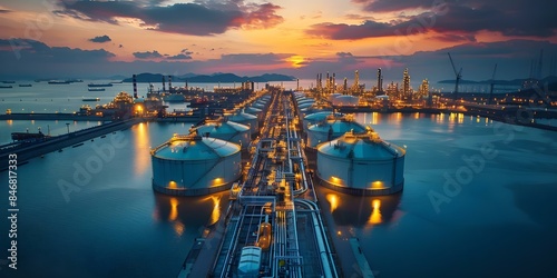 LNG terminal tech for storing and transporting liquified natural gas. Concept LNG storage tanks, LNG transportation vessels, LNG regasification units, Cryogenic technology photo