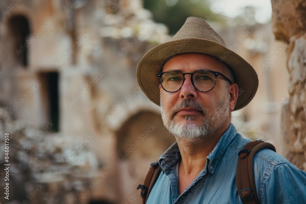 Thoughtful tourist man wearing hat and glasses standing at ancient ruins Thoughtful tourist man wearing hat and glasses standing at ancient ruins