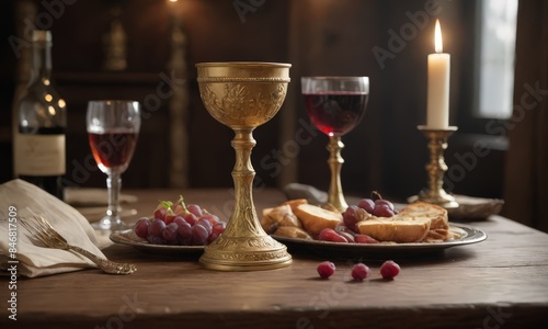 A Golden Chalice and Wine Glasses on a Table photo