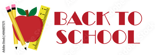 Vector minimalist banner Back to School with apple, pencil or crayon, line isolated on white background. Education long poster, header template for school, graduation, teachers day illustration.