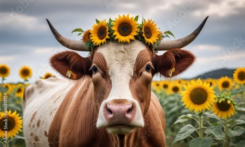A cow with a sunflower crown. photo