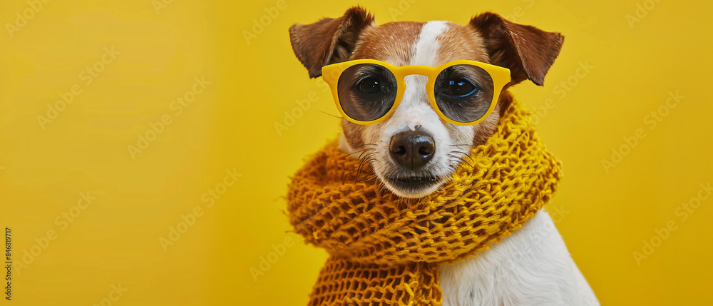 Portrait of a stylish dog wearing sunglasses and a scarf Portrait of a stylish dog wearing sunglasses and a scarf