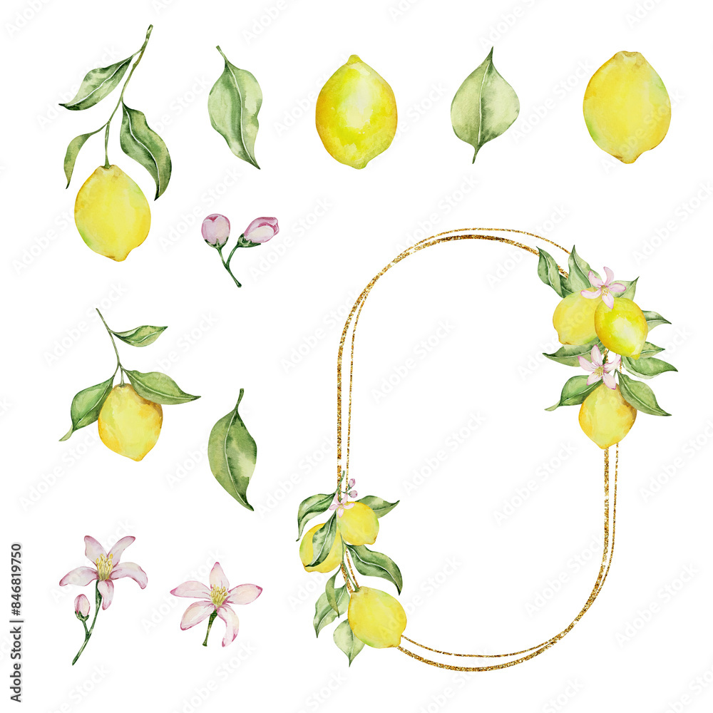 Obraz premium Gold frame with watercolor lemon, leaves and flowers