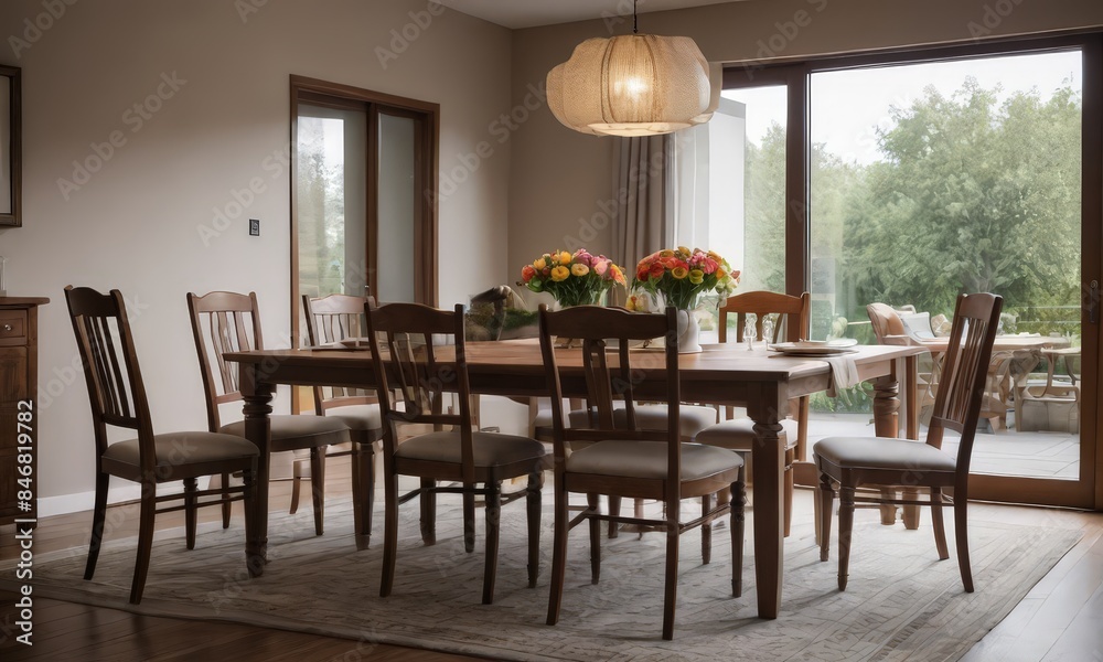 Fototapeta premium A Beautiful Dining Room with a Table and Chairs