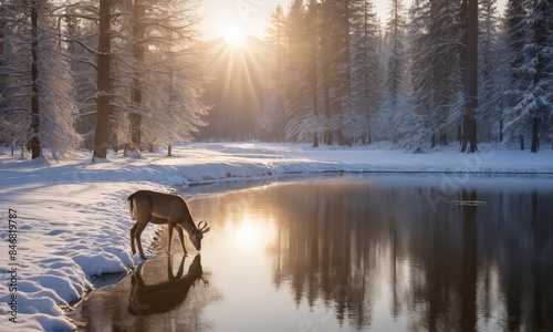 A Deer Drinking Water in the Snow photo