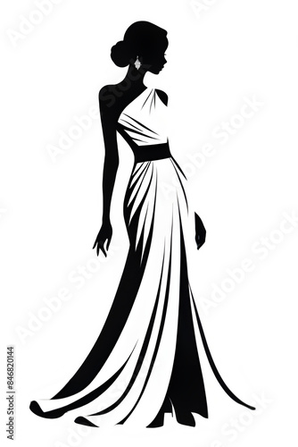 A girl in a very beautiful ornate dress, black silhouette of a beautiful woman, transparent background, sophisticated, highly detailed, modest dress