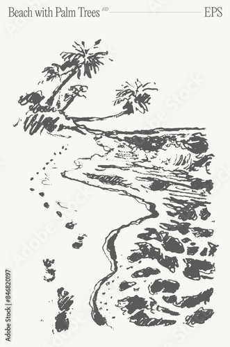 Beach with palm trees and footprints in the sand. Hand drawn vector illustration, sketch.