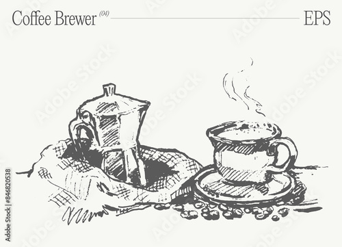 Coffee brewer and two cups in artistic style. Hand drawn vector illustration, sketch.