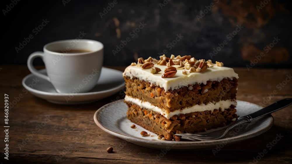 A slice of double carrot cake, on a plate next to a cup of coffee A slice of double carrot cake, on a plate next to a cup of coffee