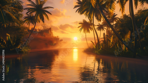 The pond looked through the tall palm trees and saw the sun reflecting on the water and disappearing into the orange sky