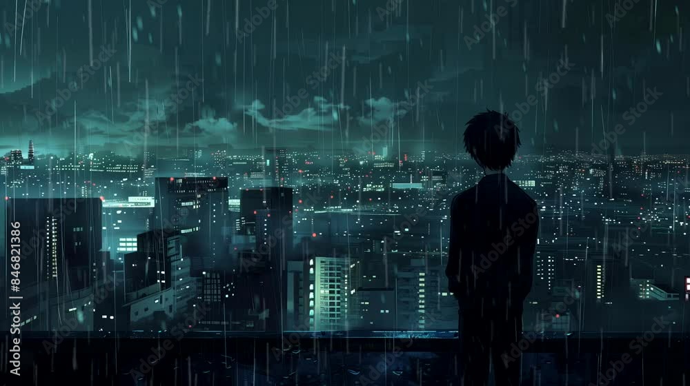 A man gazing at cityscape rain from a rooftop. Anime or digital painting style, looping 4k video animation background