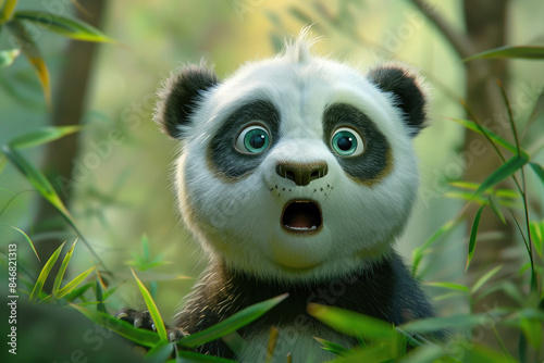 Shocked panda with wide eyes  looking cutely surprised amidst a forest backdrop