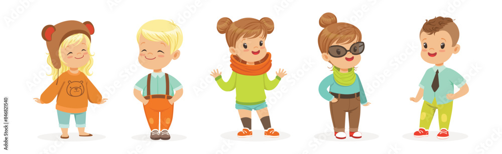 Little Kids Wearing Different Fashion Clothes Fitting New Stylish Look Vector Set Little Kids Wearing Different Fashion Clothes Fitting New Stylish Look Vector Set