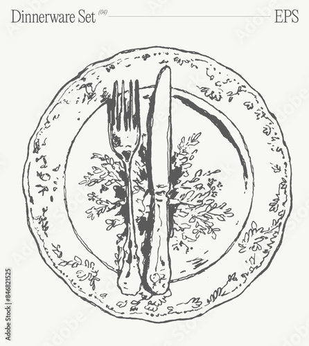 Dinnerware set. Top view of plate, fork and knife on the table. Hand drawn vector illustration