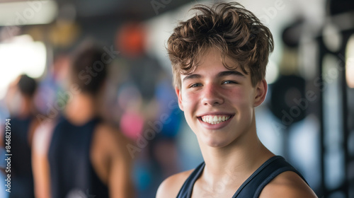 adolescente musculoso sorrindo na academia com fundo desfocado © Vitor