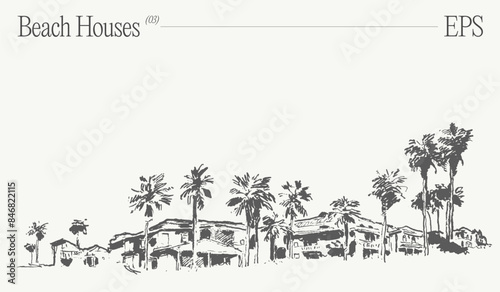 Beach houses in California. Hand drawn vector illustration, sketch.