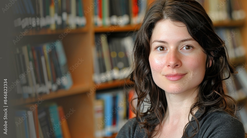 Focused librarian diligently working at her desk in bustling library environment