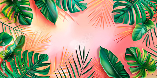 Tropical leaves making soft shadows on pastel pink background with space for your message. Summer background. © Creative mind