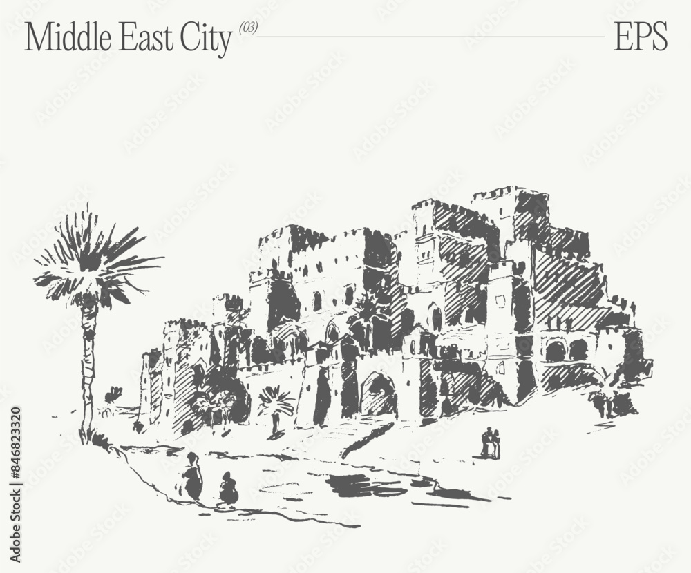 Fototapeta premium Hand drawn vector illustration of a buildings in the Middle East City, oasis in desert