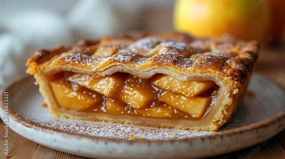 A slice of apple pie with a sprinkle of sugar on top A slice of apple pie with a sprinkle of sugar on top