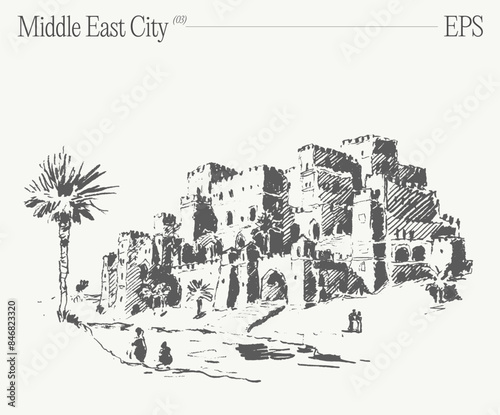Hand drawn vector illustration of a buildings in the Middle East City, oasis in desert