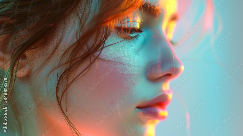 Soft light illumination,female face and subtle blurred backdrop, serene pastel color palette Soft light illumination,female face and subtle blurred backdrop, serene pastel color palette