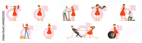 Strong Woman Character In Red Dress Have Power Vector Set