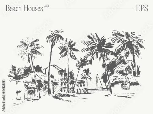 Beach houses on a coastline, bungalows with palm trees. Hand drawn vector illustration, sketch.