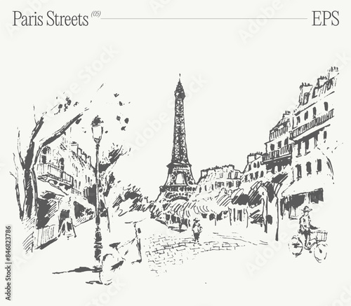 Hand drawn vector illustration of Eiffel Tower, Paris streets