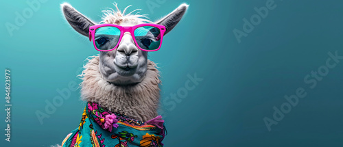 Closeup portrait of a llama wearing sunglasses and a scarf